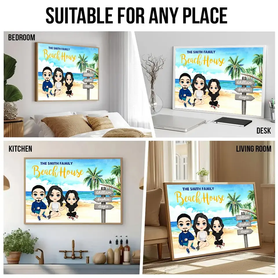 Summer Memories Begin Here – Custom Beach Family Poster with Personalized Appearance and Names, Perfect Gift for Family This Season