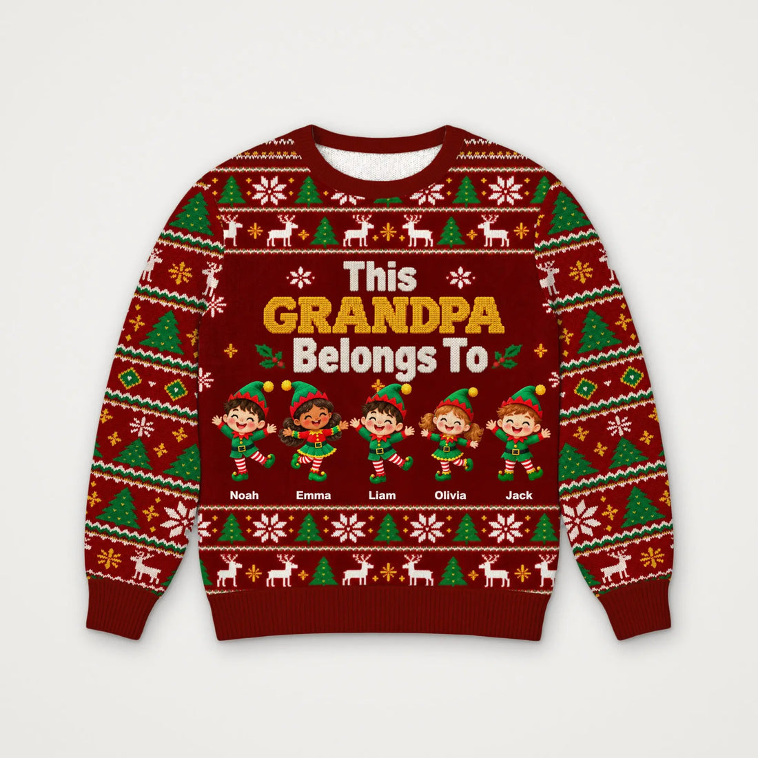 Personalized This Grandpa Belongs To ugly sweater with elf grandkids names, white studio