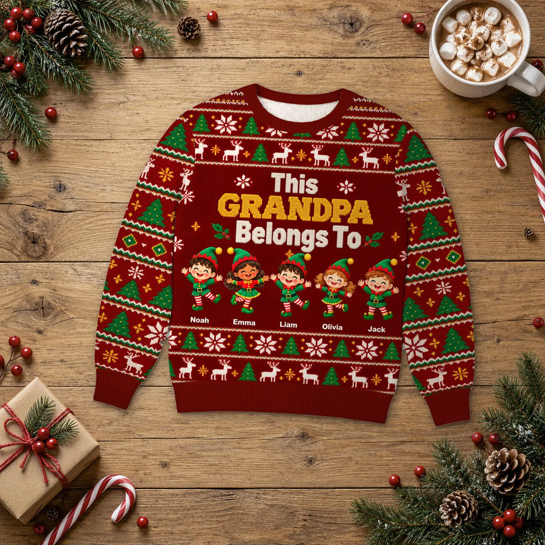 Personalized This Grandpa Belongs To ugly sweater with elf grandkids names, white studio