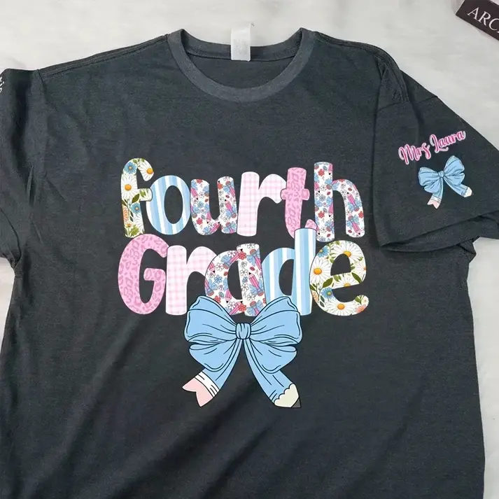 Teacher Floral Coquette Bow - Personalized Shirt With Name on Sleeve Duconspace
