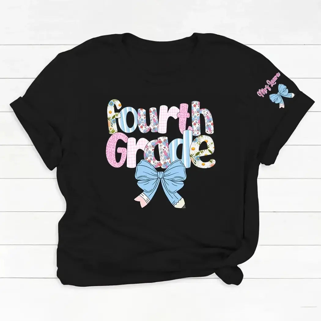 Teacher Floral Coquette Bow - Personalized Shirt With Name on Sleeve Duconspace