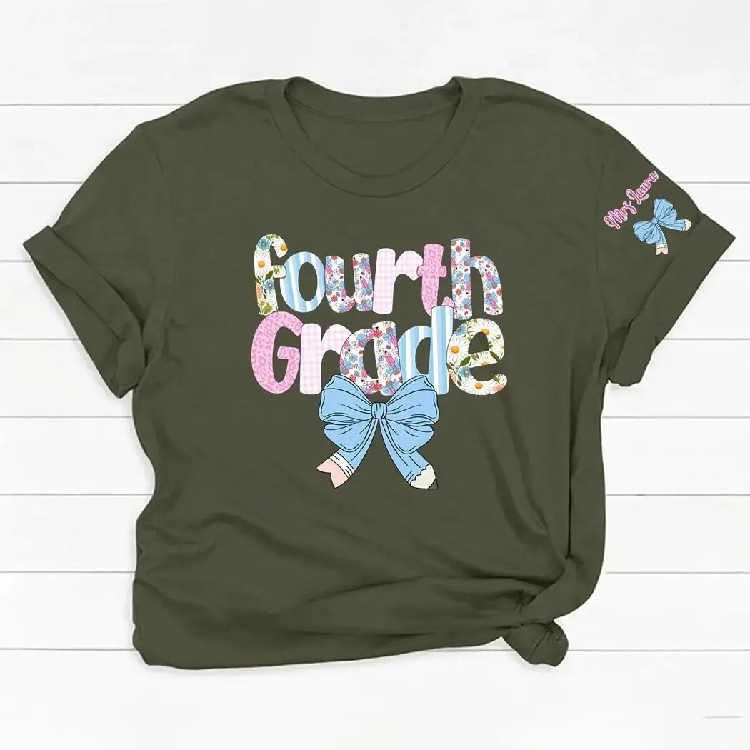 Teacher Floral Coquette Bow - Personalized Shirt With Name on Sleeve Duconspace