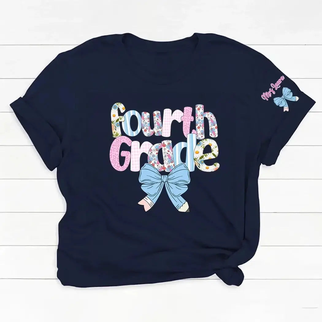 Teacher Floral Coquette Bow - Personalized Shirt With Name on Sleeve Duconspace