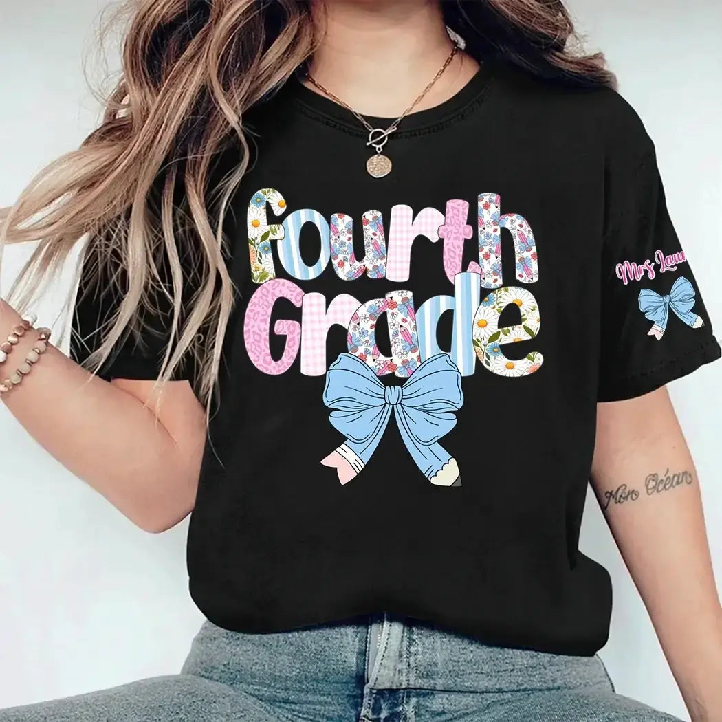 Teacher Floral Coquette Bow - Personalized Shirt With Name on Sleeve Duconspace
