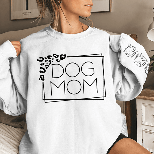Dog Mom Leopard Print Custom Unisex Sweatshirt with Sleeve Design – Personalized Gift for Pet Lovers, Pet Owners – Cozy, Stylish, Unique Gift for Dog Moms – Premium Custom Sweatshirt