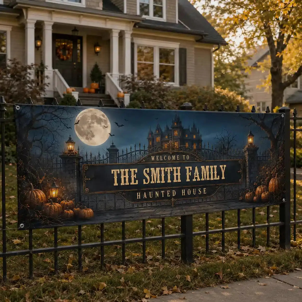 The Haunted House Custom Family Name Fabric Banner