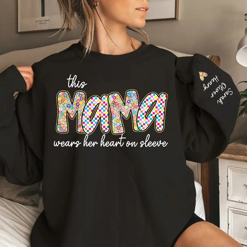 "This Mama Wears Her Heart on Her Sleeve" – Retro Boho Floral & Checkered Preppy Design Style Sweatshirt with Kids’ Names, Personalized Mother’s Day Gift for Mama, Grandma, Nana, or Aunt Ducon Space