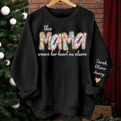 "This Mama Wears Her Heart on Her Sleeve" – Retro Boho Floral & Checkered Preppy Design Style Sweatshirt with Kids’ Names, Personalized Mother’s Day Gift for Mama, Grandma, Nana, or Aunt