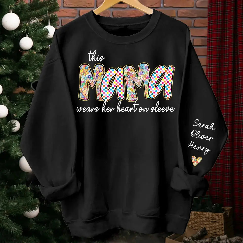 "This Mama Wears Her Heart on Her Sleeve" – Retro Boho Floral & Checkered Preppy Design Style Sweatshirt with Kids’ Names, Personalized Mother’s Day Gift for Mama, Grandma, Nana, or Aunt Ducon Space
