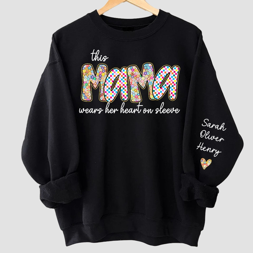 "This Mama Wears Her Heart on Her Sleeve" – Retro Boho Floral & Checkered Preppy Design Style Sweatshirt with Kids’ Names, Personalized Mother’s Day Gift for Mama, Grandma, Nana, or Aunt