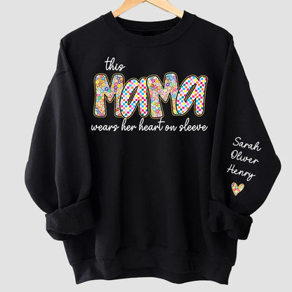 "This Mama Wears Her Heart on Her Sleeve" – Retro Boho Floral & Checkered Preppy Design Style Sweatshirt with Kids’ Names, Personalized Mother’s Day Gift for Mama, Grandma, Nana, or Aunt