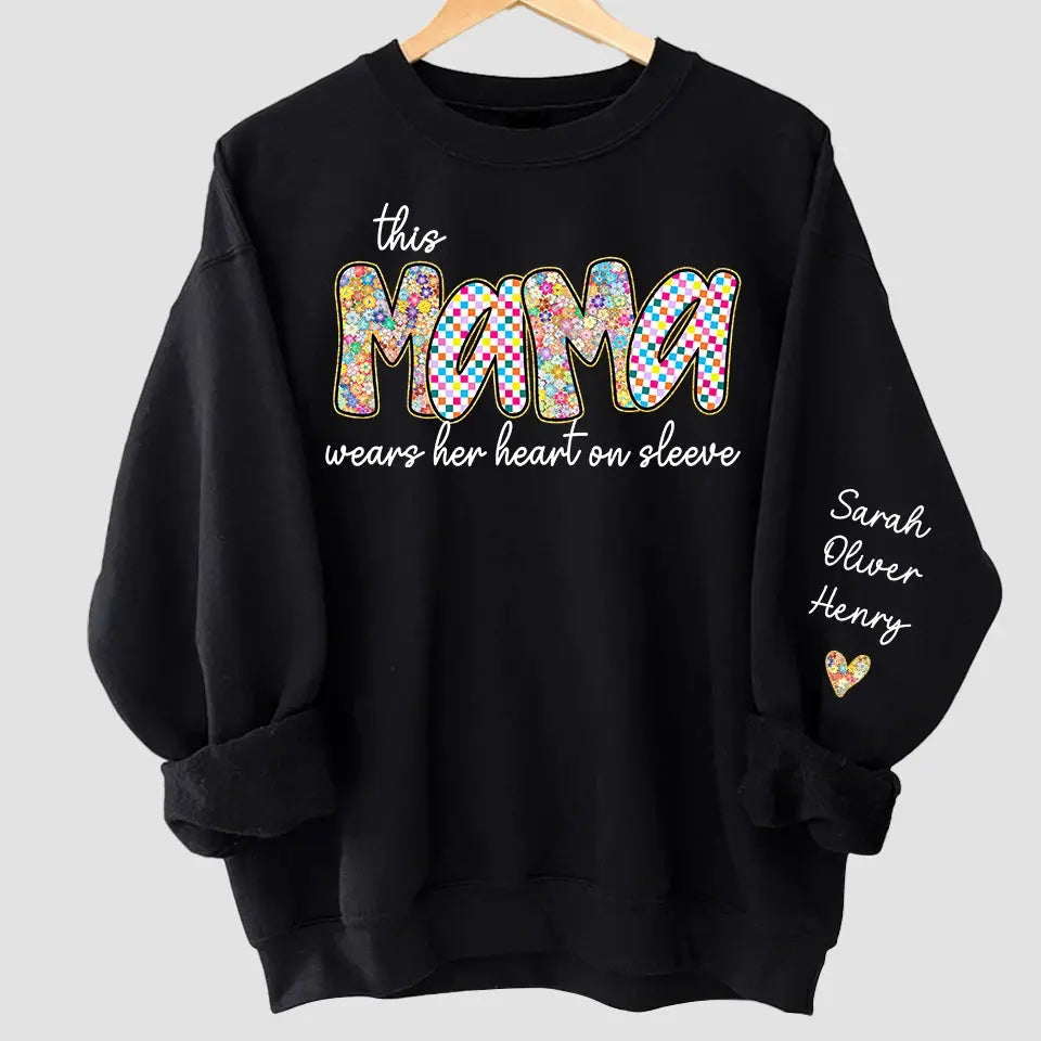 "This Mama Wears Her Heart on Her Sleeve" – Retro Boho Floral & Checkered Preppy Design Style Sweatshirt with Kids’ Names, Personalized Mother’s Day Gift for Mama, Grandma, Nana, or Aunt Ducon Space