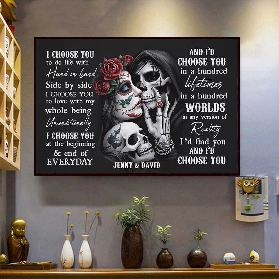 "Till Death Do Us Part" – Personalized Sugar Skull Poster with Custom Names, Unique Gift for Couples