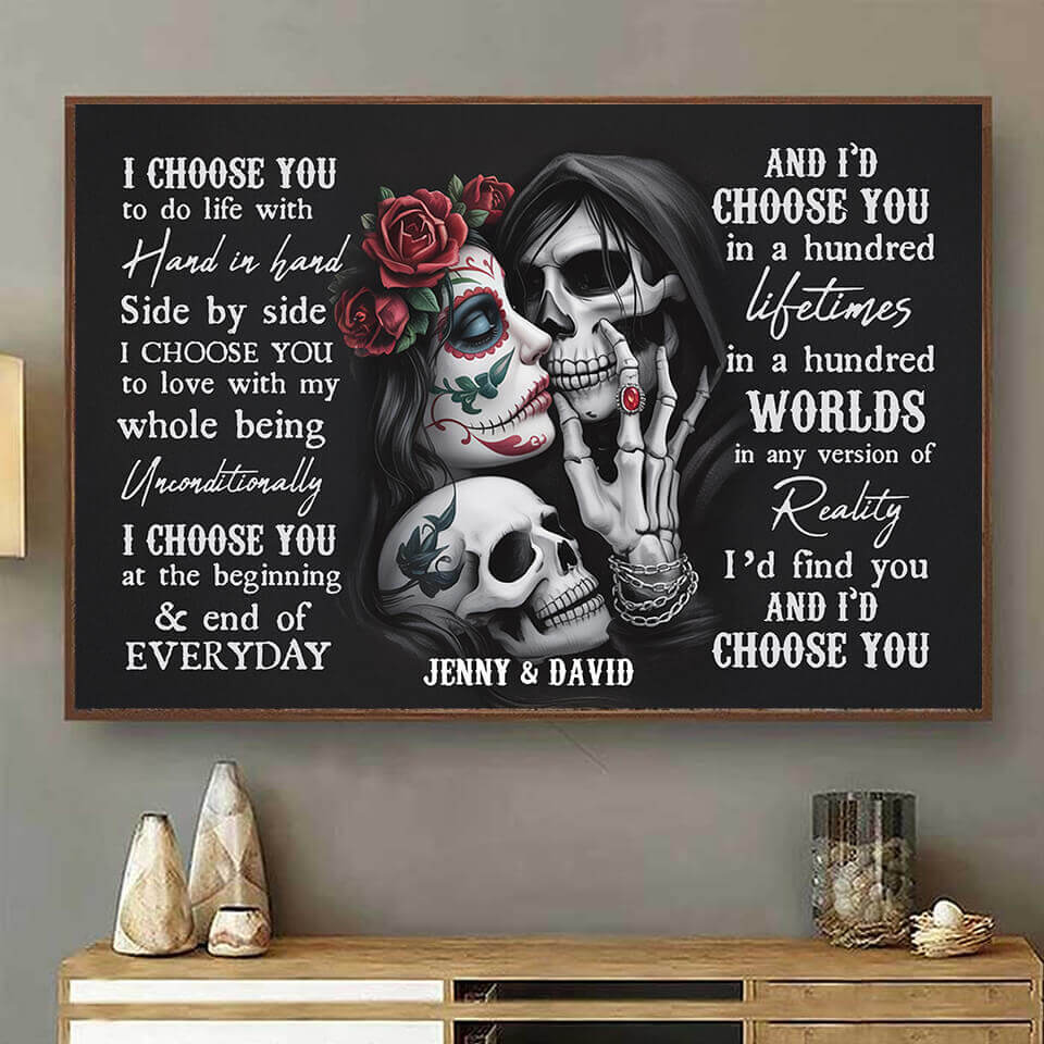 "Till Death Do Us Part" – Personalized Sugar Skull Poster with Custom Names, Unique Gift for Couples