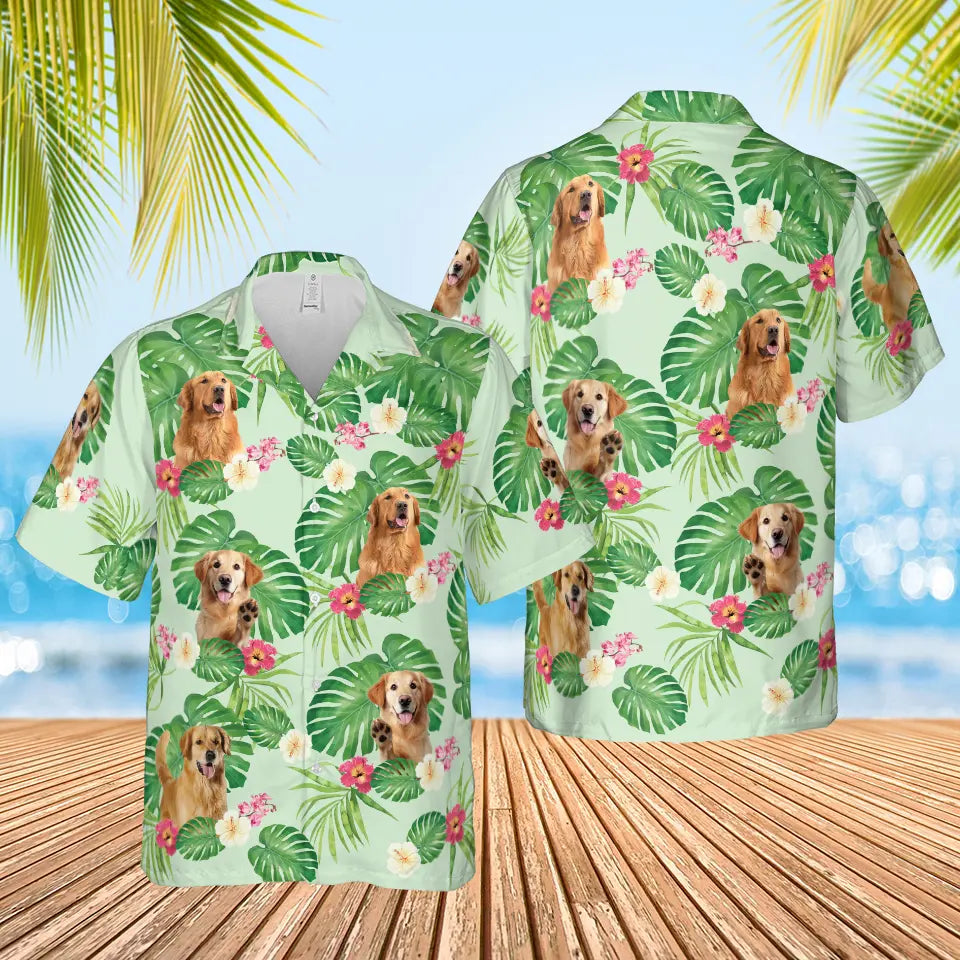 Tropical Leaves and Your Pet's Charm - Custom Dog & Cat Hawaiian Shirt, Summer Vacation Gift for Pet Owners and Animal Lovers