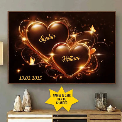 Two Hearts Beating as One - Personalized Couple Horizontal Poster, Custom Anniversary Gift for Husband & Wife