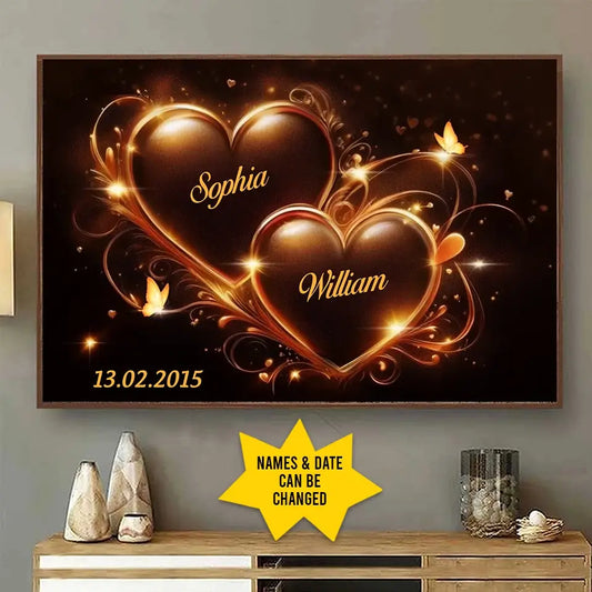 Two Hearts Beating as One - Personalized Couple Horizontal Poster, Custom Anniversary Gift for Husband & Wife