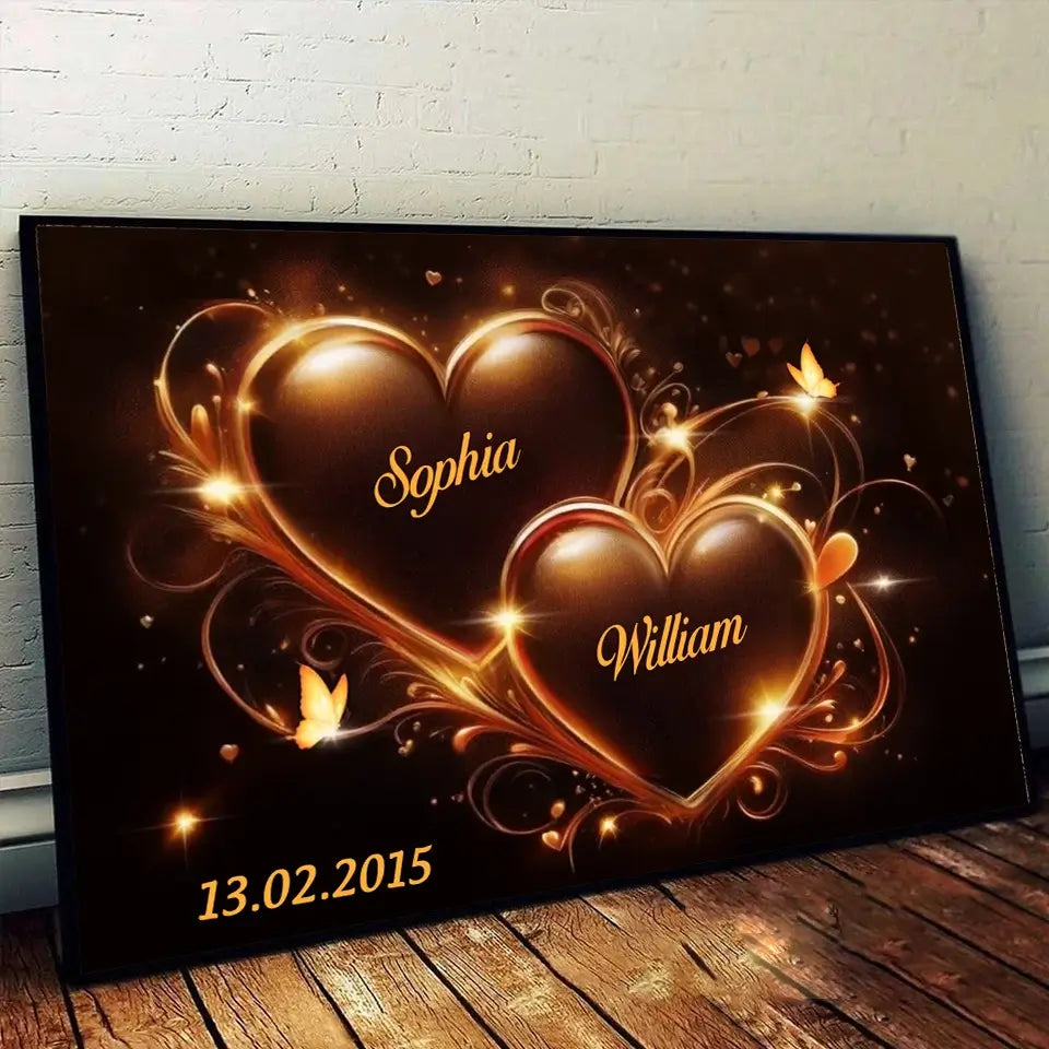 Two Hearts Beating as One - Personalized Couple Horizontal Poster, Custom Anniversary Gift for Husband & Wife