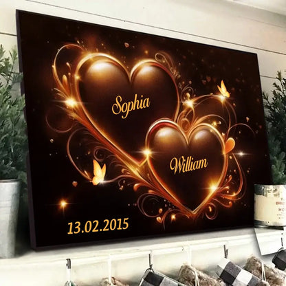 Two Hearts Beating as One - Personalized Couple Horizontal Poster, Custom Anniversary Gift for Husband & Wife