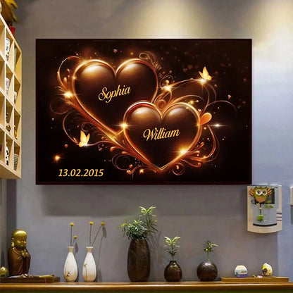 Two Hearts Beating as One - Personalized Couple Horizontal Poster, Custom Anniversary Gift for Husband & Wife