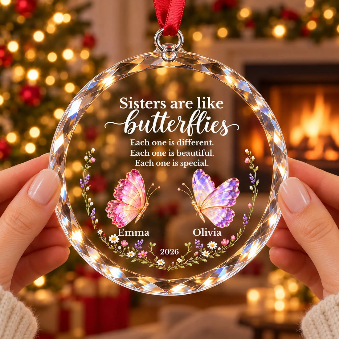 URGOP-OCT26-034_01-hero - Custom Sisters Butterfly Glass Ornament on Christmas tree