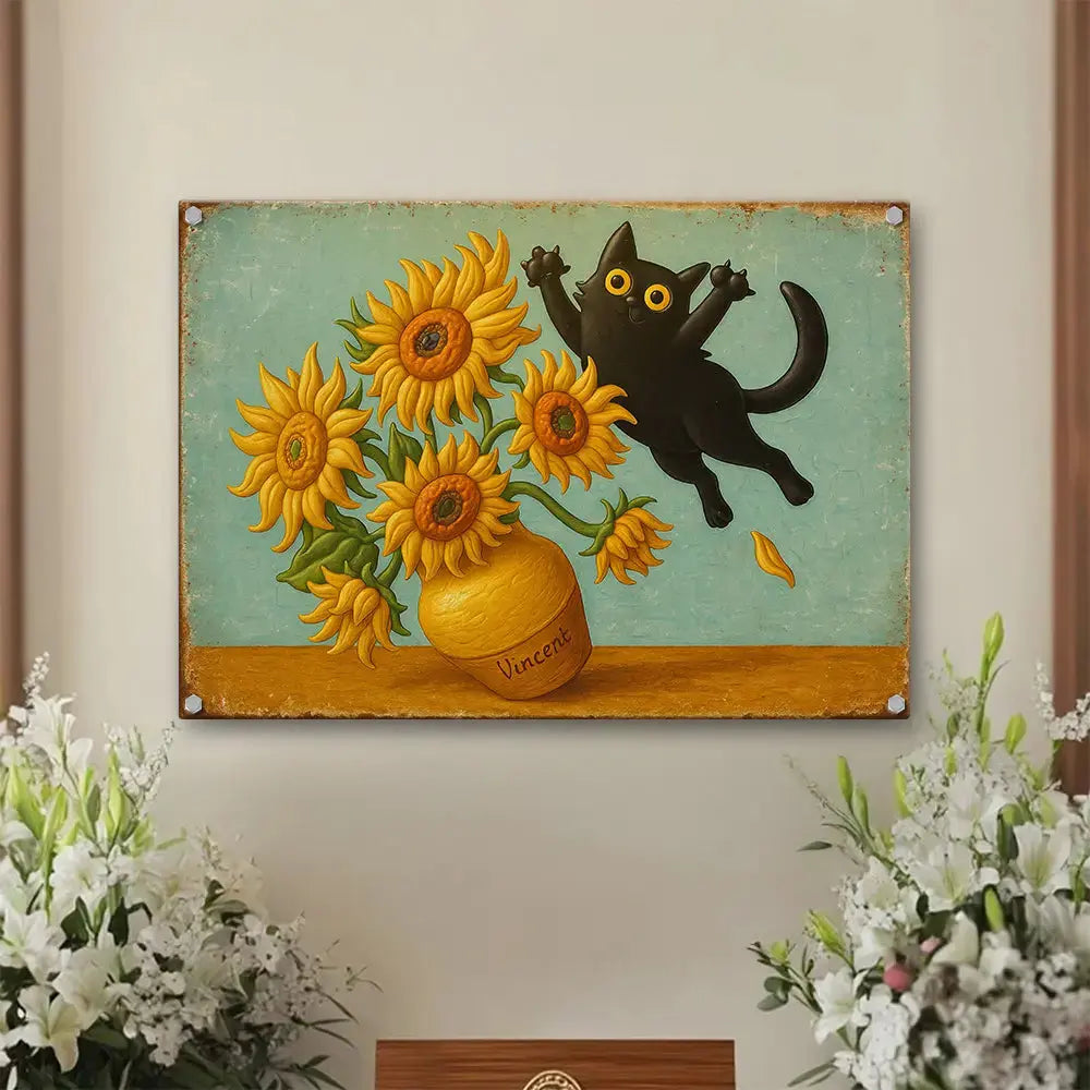 Vintage Black Cat & Sunflower Metal Sign – Wall Art Duconspace