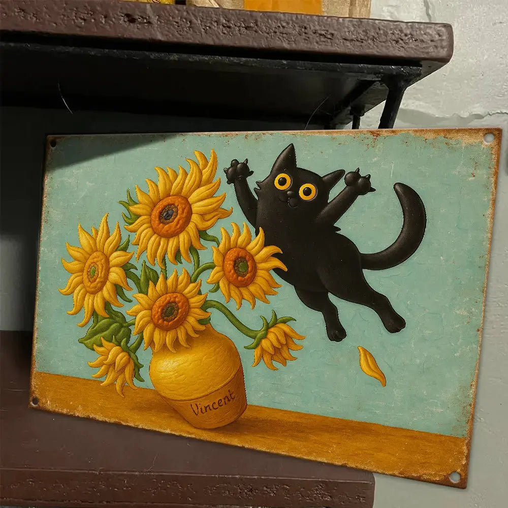 Vintage Black Cat & Sunflower Metal Sign – Wall Art Duconspace