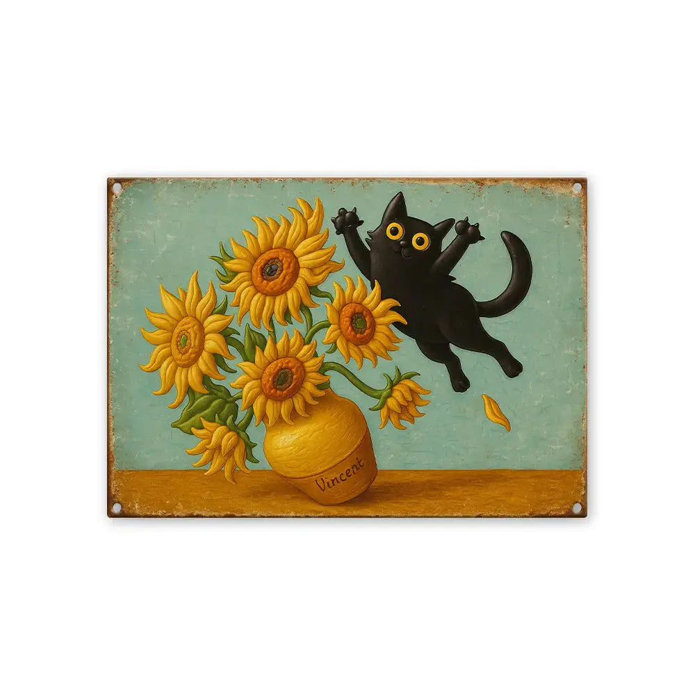 Vintage Black Cat & Sunflower Metal Sign – Wall Art Duconspace