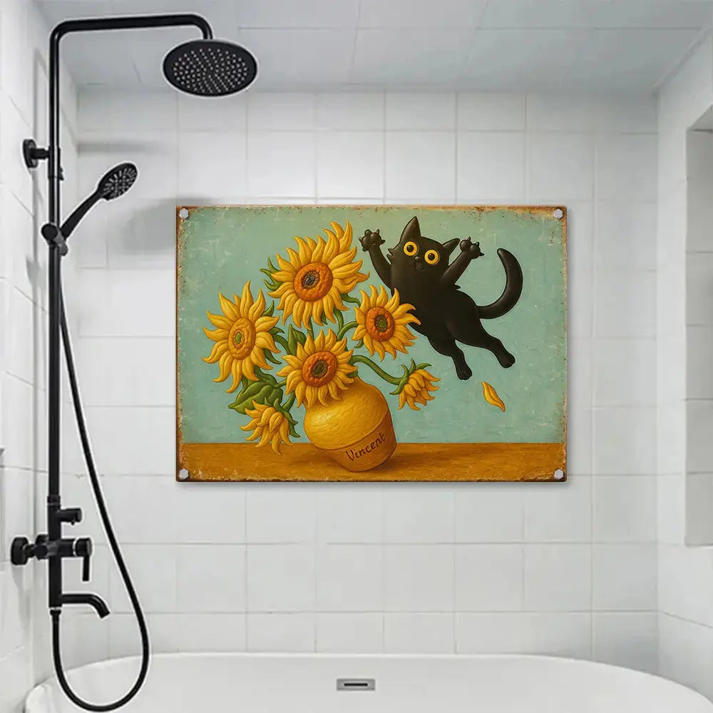 Vintage Black Cat & Sunflower Metal Sign – Wall Art Duconspace