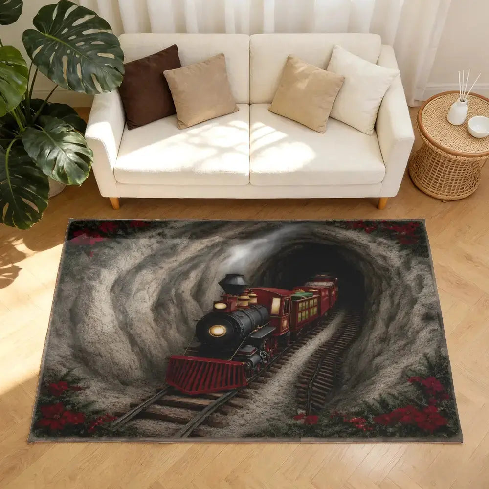 Vintage Christmas Train Tunnel 3D Illusion Rug