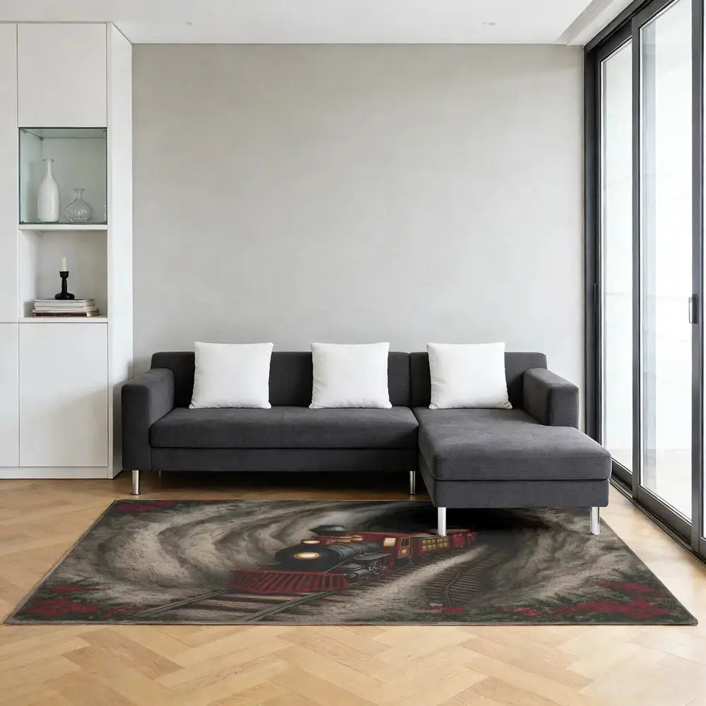 Vintage Christmas Train Tunnel 3D Illusion Rug