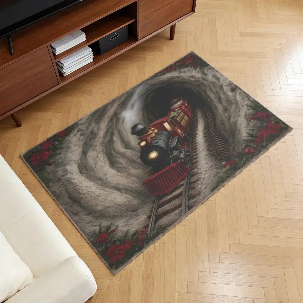 Vintage Christmas Train Tunnel 3D Illusion Rug
