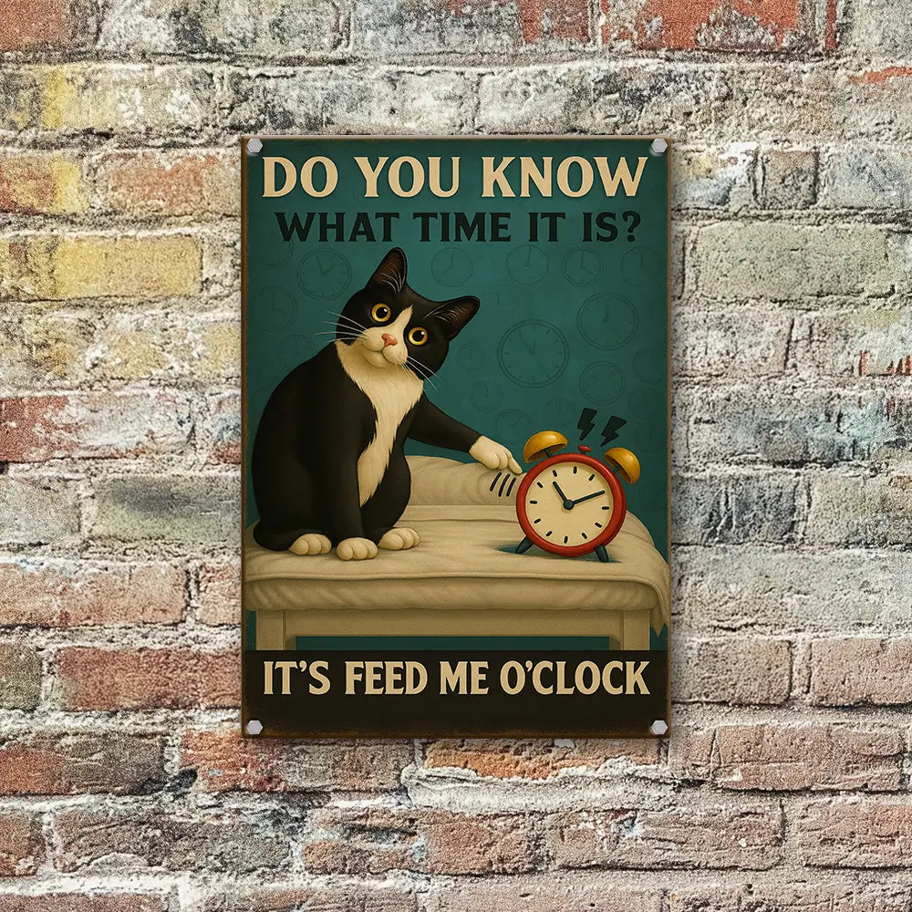 Vintage It's Feed Me O'clock Sign - Funny Tuxedo Cat Metal Sign Home Decor Wall Art