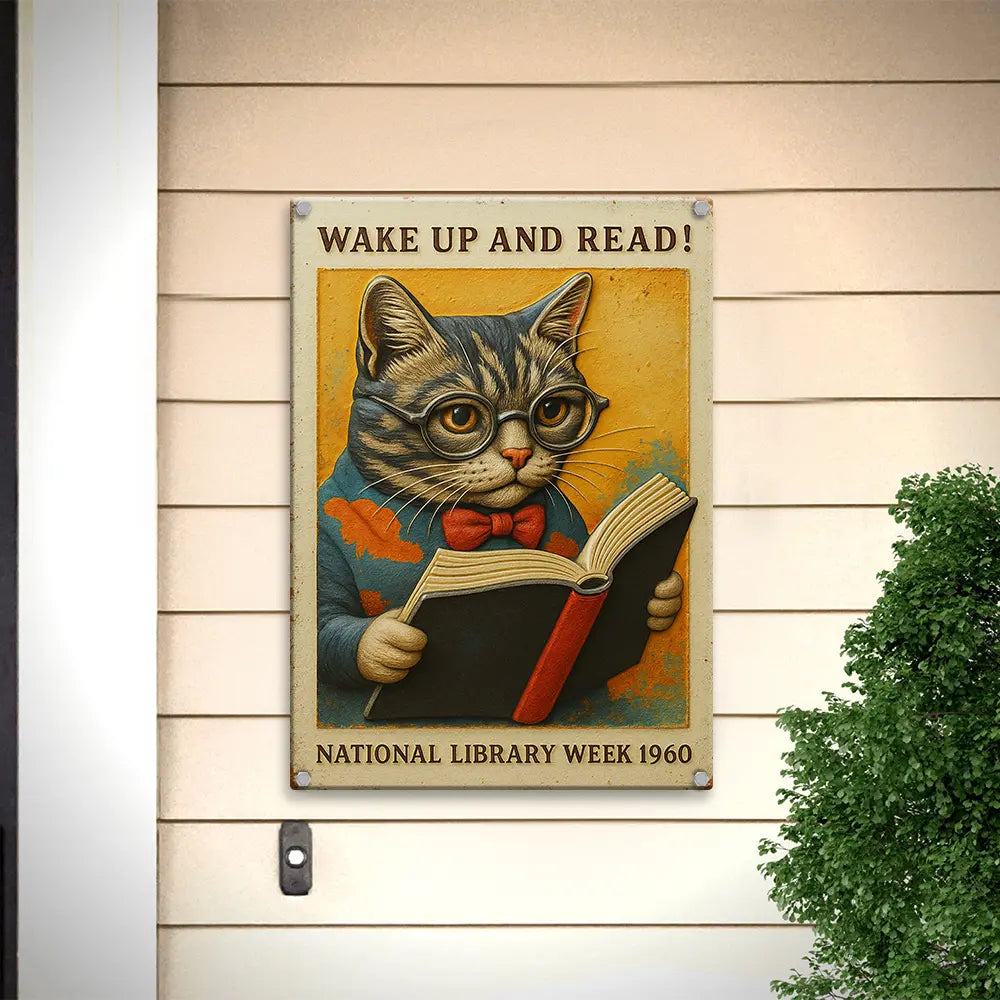 Wake Up and Read Cat Sign – Vintage Metal Book Lover Wall Decor
