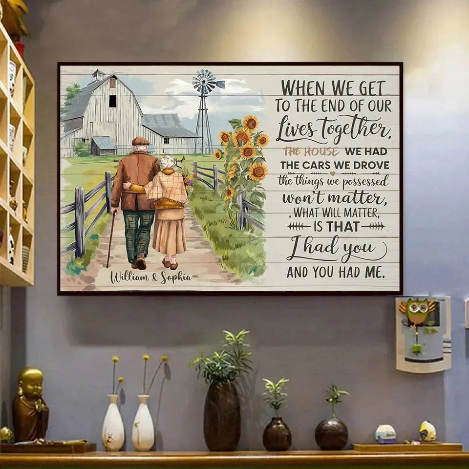 Farm scene with elderly couple and rustic barn