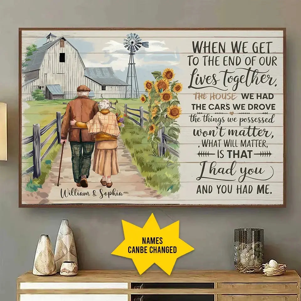 Personalized old couple poster walking toward barn