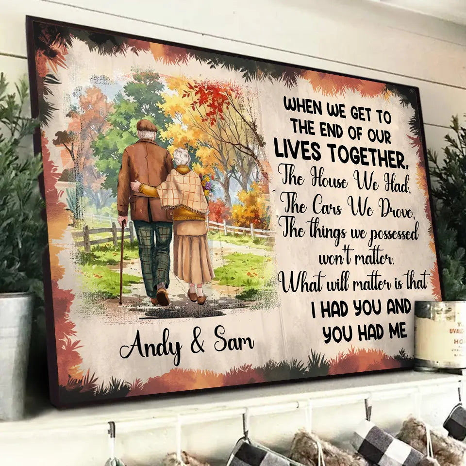 Watercolor old couple walking into fall sunset