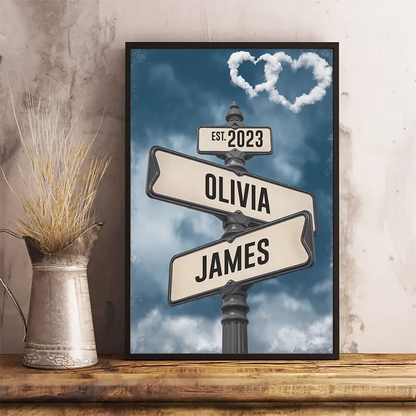 Where Love Meets Forever - Personalized Vintage Street Sign Poster, Custom Name and Date, Perfect Anniversary Gift for Couples