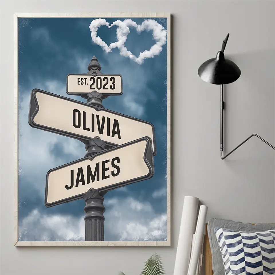 Where Love Meets Forever - Personalized Vintage Street Sign Poster, Custom Name and Date, Perfect Anniversary Gift for Couples