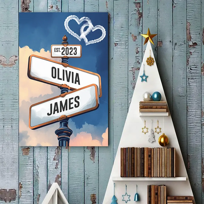 Where Love Meets Forever - Personalized Vintage Street Sign Poster, Custom Name and Date, Perfect Anniversary Gift for Couples