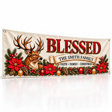 Personalized Blessed reindeer Christmas fabric banner, studio view