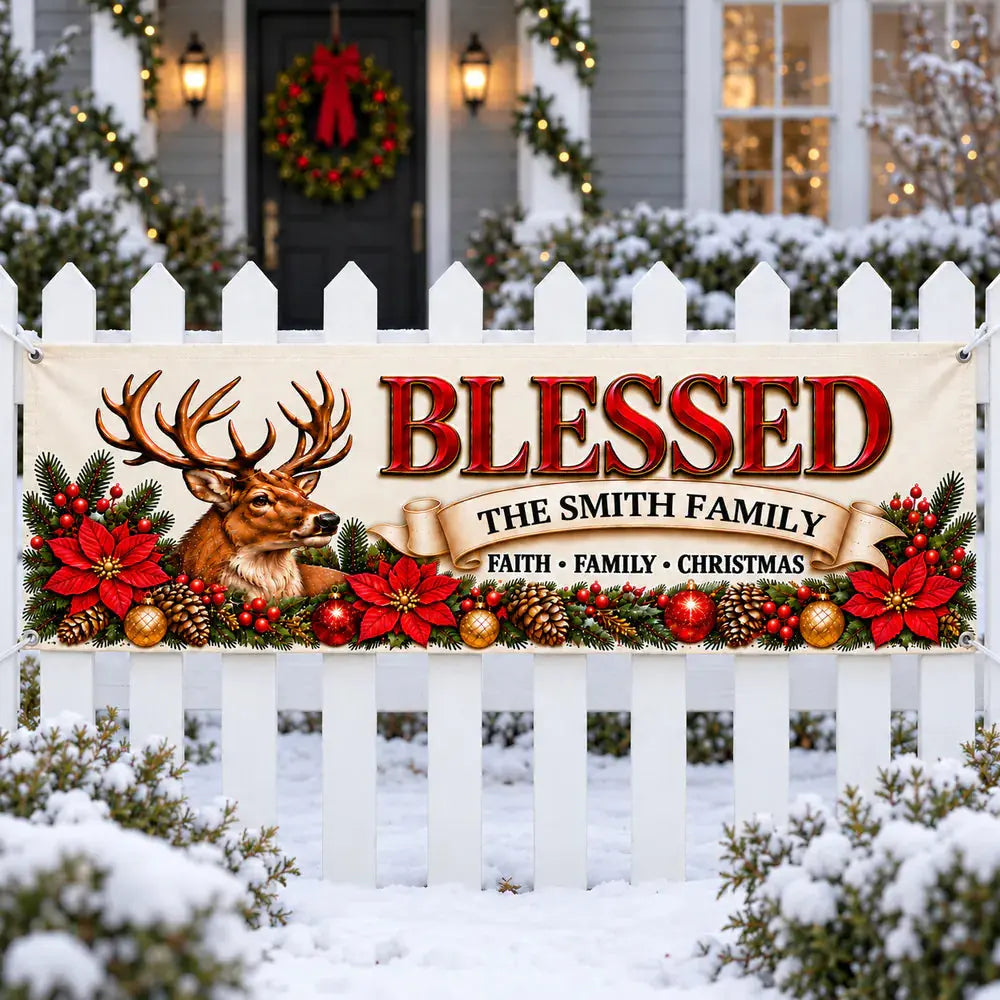Family name Christmas banner on white picket fence in snow