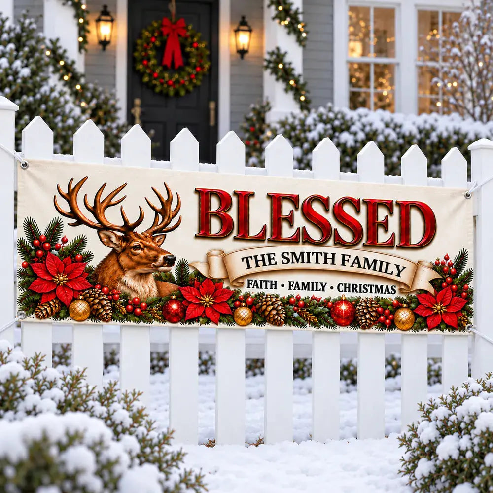 Blessed reindeer banner on front yard fence, angled view
