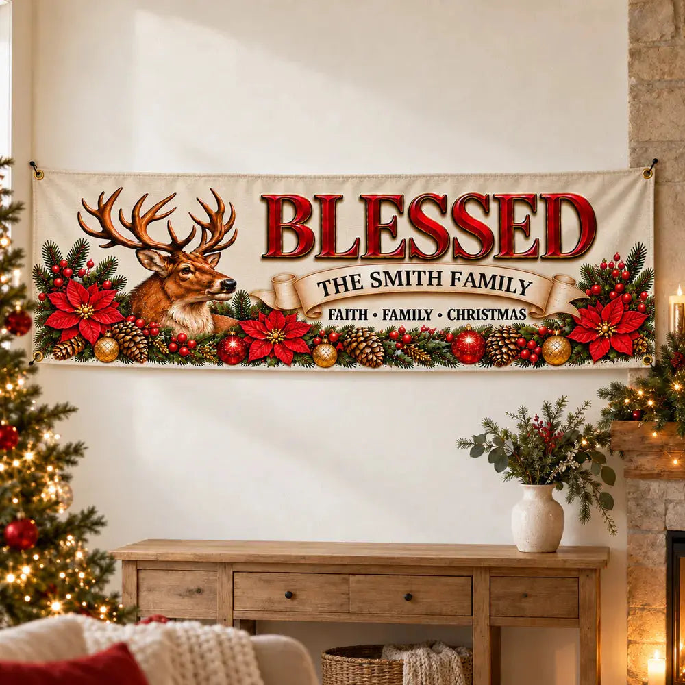 Christmas family banner hanging in living room