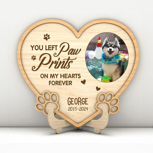 You Left Paw Prints On Our Hearts - Personalized Pet Memorial Sign & Collar Frame - Custom Photo Upload, Sympathy Gift for Pet Owners and Animal Lovers