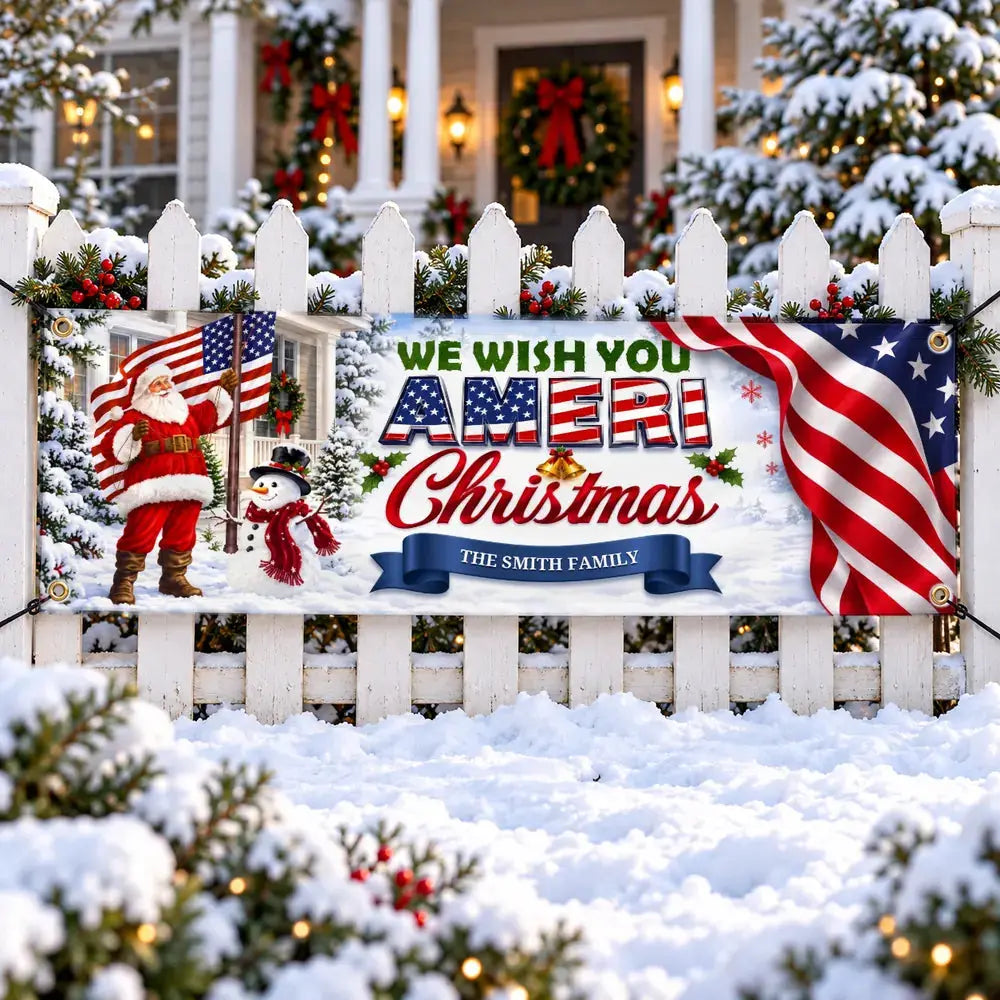Custom We Wish You Ameri Christmas banner hung on white picket fence in snow