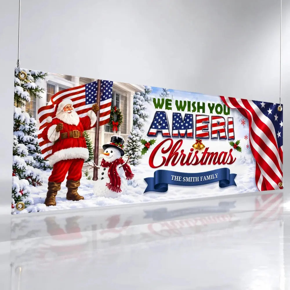 Personalized Ameri Christmas Santa family banner with custom family name, studio view