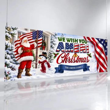 Personalized Ameri Christmas Santa family banner with custom family name, studio view