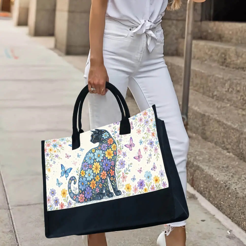 Black Cat & Floral Tote Bag – Cute Gift for Cat Lovers, Cat Mom Tote for Everyday Use Duconspace