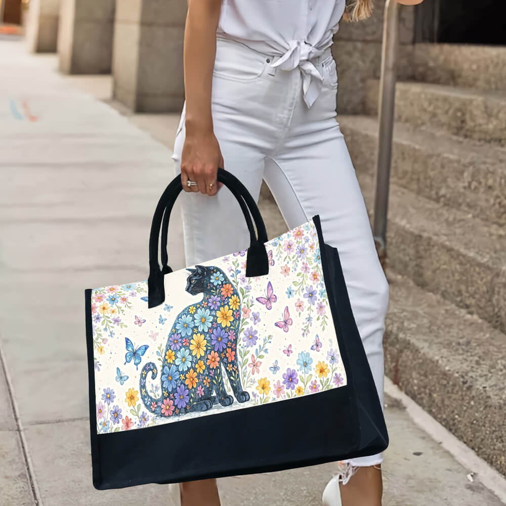 Black Cat & Floral Tote Bag – Cute Gift for Cat Lovers, Cat Mom Tote for Everyday Use